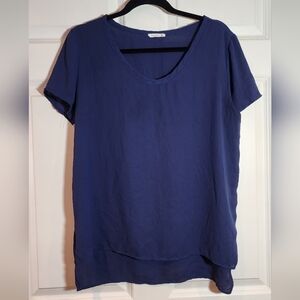 Soprano Lightweight Sheer Navy Blue Short Sleeve Blouse Large